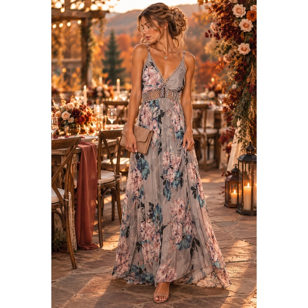 Gray Floral Pleated Maxi Dress L Crochet Cutout Tie Back Boho Fall Wedding